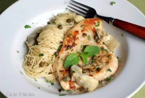 chicken cappellini with artichokes and capers