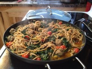 Gluten free pasta can be substituted and for a vegetarian version eliminate the sausage but add twice as many shiitake mushrooms!