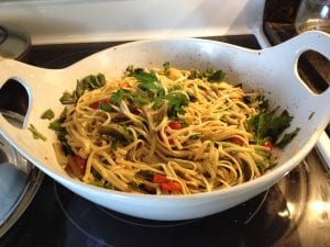 lemon basil pasta with garlic scapes and tomato